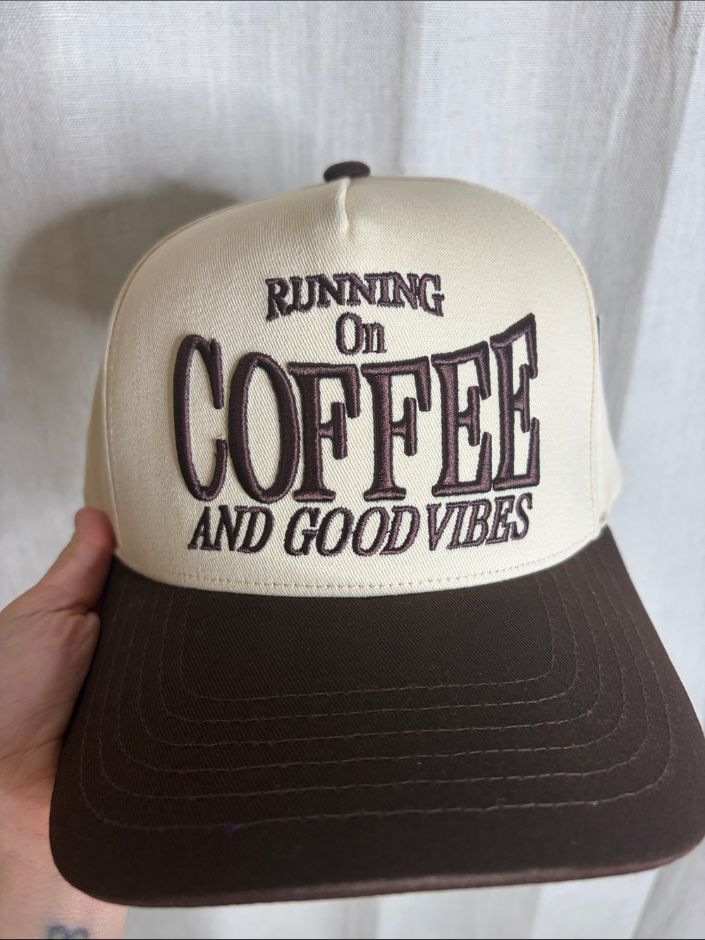 C.C Cream and Brown "Running On Coffee and Good Vibes" Trucker Hat
